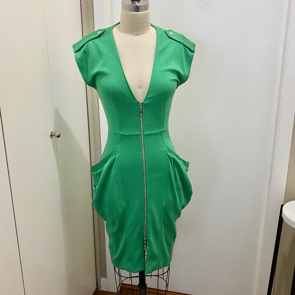 Bebe Unique Deep V Zipper Pocket Dress Green 2